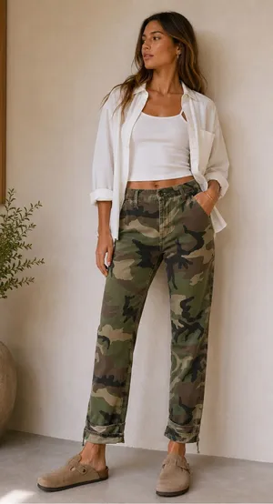 TRAVE Dakota The Big Battle Green Camo Relaxed Trouser Tie Ankle Pants thumbnail 1