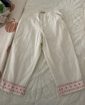 St. John's Bay Cream Capri Pants with Pink Embroidered Hem thumbnail 1