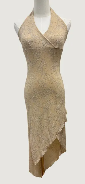 Y2K Anna Bella Gold Silver Glitter Halter Asymmetrical Hem Midi Dress Small Hoco thumbnail 1