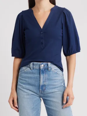 Madewell Puff Sleeve Henley Knit Top Blue Modal Blend Size XL NWT thumbnail 12