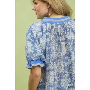 Umgee Floral Print Puff Sleeve‎ Top - Blue - Medium thumbnail 4