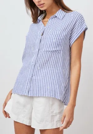 Rails Whitney Blue White Stripe Daisy Short Sleeve Collared Linen Rayon Shirt XS thumbnail 1