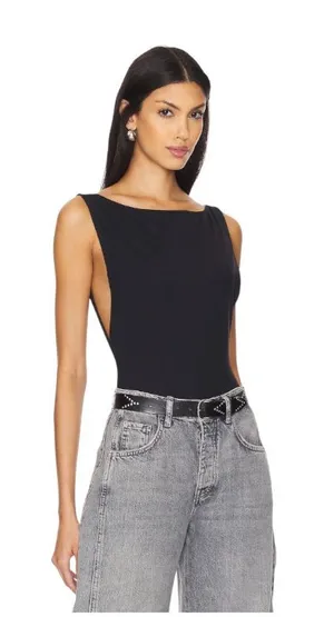 NWOT Free People Raven Bodysuit Black Boatneck Side Slit Black Top Size Medium thumbnail 1