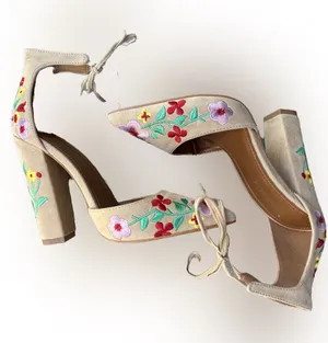 Shoe Republic LA Beige Suede Floral Embroidered Block Heel Sandals thumbnail 1