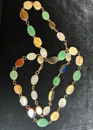 Vintage Multi Colour Agate Slice Link Necklace 34” long Green thumbnail 1
