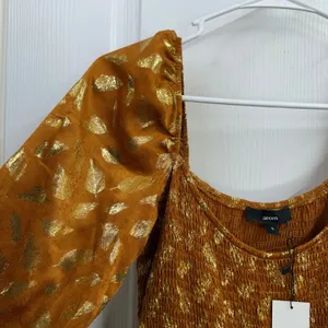 NEW Aeom copper gold leaf smocked tiered puff sleeve‎ babydoll mini dress small thumbnail 3