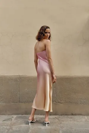Zara midi dress maxi tie dye pink beige satin strapless wedding shower date thumbnail 6