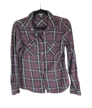 Charlotte Russe Womens Flannel Shirt Cotton Pockets Plaid Flannel Shirt Burgundy thumbnail 1