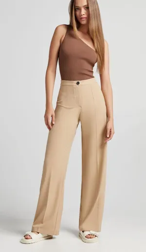 Bershka high waisted beige tan wide leg pants thumbnail 1