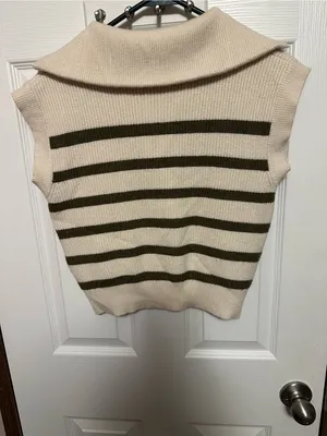 Anthropologie Cream and Olive Striped Half-Zip V-Neck Sweater Vest thumbnail 5