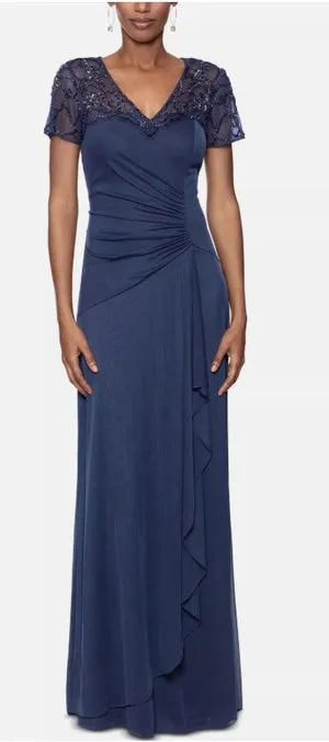 Xscape Carmen 5497X Gown Size 10 Charcoal Blue Beaded Mesh Ruched Formal NWT thumbnail 1