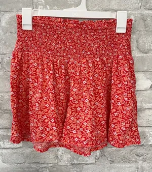 aerie Red Floral High-Waist Smocked Shorts thumbnail 1
