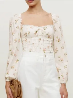 Reformation Isadora Floral Balloon Long Sleeve Smocked Top Corset Embroidered thumbnail 4