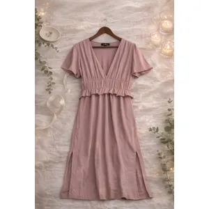 Lulus 100% Cotton Midi Dress Women's M Mauve Flutter Sleeve Smocked Waist V Neck thumbnail 9