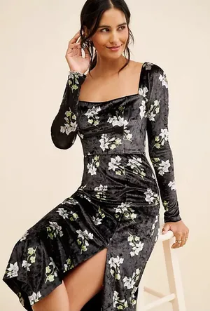 Hutch Black Velvet Floral Midi Dress with Square Neck‎ large nwt thumbnail 1