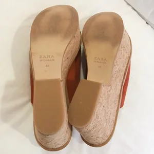 ZARA Burnt Orange Suede Platform Cork Sandals thumbnail 4