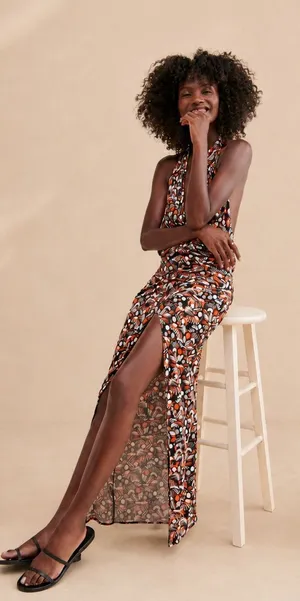 Free‎ People Daria Maxi Dress in Black Orange White High Slit Wrap S NWT thumbnail 1
