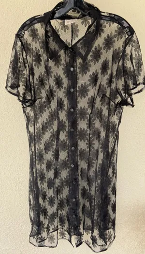 VTG Divine USA Sheer Floral Mesh Button Front Collar Shirt L Dark Coquette Goth thumbnail 1