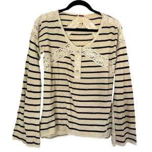 Free People Striped Cotton Crochet Lace Trim Long Sleeve Top Womens Small Boho thumbnail 1