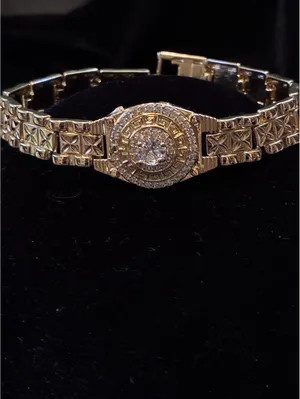 Gold-Tone Greek Key Medallion Link Bracelet – CZ Halo Accent, 0.5" Wide Band 7”L thumbnail 3