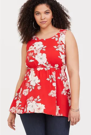 Torrid Womens Tank Top Sz 1 1X‎ 14 16 Floral Red Babydoll Challis Flower Print thumbnail 1