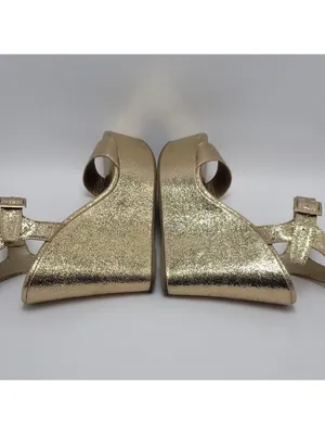 Bamboo Platform High Wedge Heels Ankle Strap Round Toe Metallic Gold Sandal Sz 8 thumbnail 8