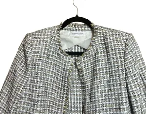 Calvin Klein Jacket Women 6 Multicolor Tweed Plaid Wool Blend Fringe Open Jacket thumbnail 2