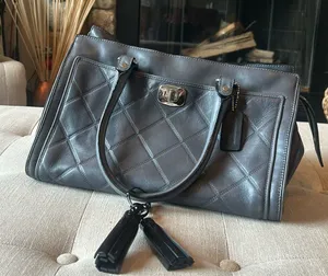 COACH Chelsea Carryall Purse‎ Pleated Grey Patent Black Leather Tassel thumbnail 1