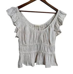 Ulla Johnson 100% Linen Ruffle Sleeve Smocked Peplum Top Ivory Stripe size 6 thumbnail 1