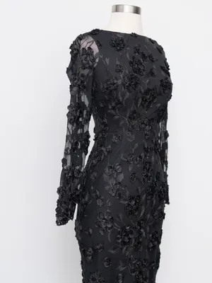 AQUA Formal - Black 3D‎ Floral Appliqué Sheer Sleeve Midi Dress thumbnail 8