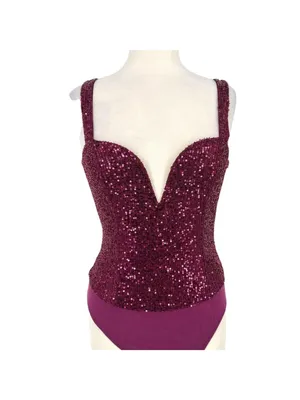 Lulus Sequin Bodysuit Plum Purple Plunging Neckline Size Medium NWT Club Glam thumbnail 10