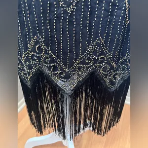 #10 Vintage-Inspired Black Beaded Flapper Dress with Fringe-Large/Size 14 thumbnail 7