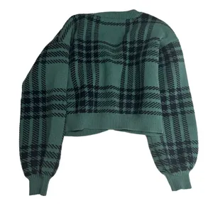 Hollister Cropped Sweater Women's Size XS Green Black Plaid Grunge Y2K Inspired‎ thumbnail 2