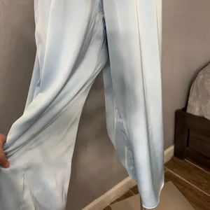 Azazie Oli Stretch Sky Blue Pleated Stretch Satin Jumpsuit thumbnail 4