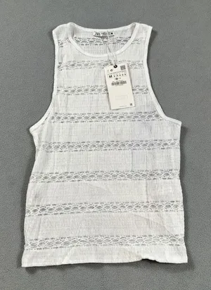 ZARA Woman Tank Top Knit Top Sleeveless M White Crochet Lace Trim Textured‎ NWT thumbnail 1