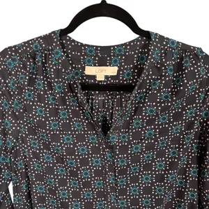 Loft Petite Navy Blue Medallion Print Shift Dress Coral Border SP Long‎ Sleeve thumbnail 4