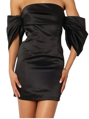 Petal & Pup - Strapless Satin Mini Dress Puff Sleeve Black Sz US 10 / AU 14 thumbnail 1