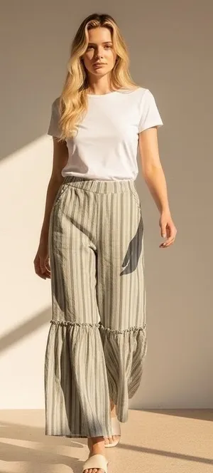 Joyous Striped‎ Wide Leg Ruffle Tiered Pants Womens Medium Black Creams Viscose thumbnail 1