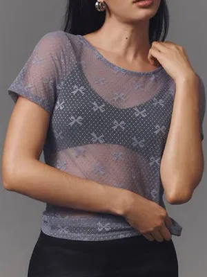 NWT Anthropologie Bow Short-Sleeve Sheer Top Size Small NEW thumbnail 1