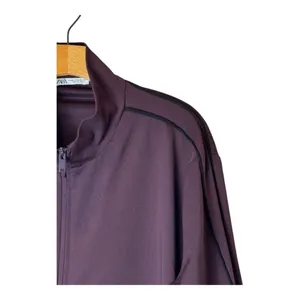 Zara Jacket Women‎ XL Burgundy Black Trim Mock Neck Full Zip Track Jacket thumbnail 5