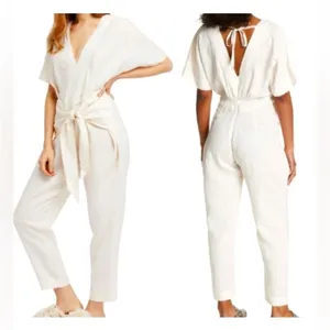 Free People ‘Shining Sun’ Front Waist Tie Linen Blend V Neck Jumpsuit Small thumbnail 2