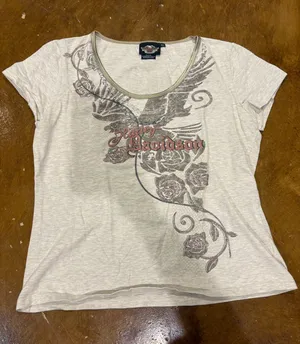 Harley-Davidson Cream Short Sleeve Tee with Floral Wing Graphic Y2K thumbnail 1