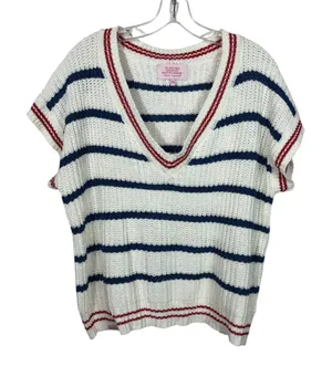 Simply Southern Red White Blue Short Sleeve V-Neck Chunky Knit Sweater Vest XL thumbnail 1