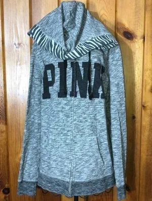 Pink Victoria’s Secret zebra print sweatshirt zip up top size medium original​ thumbnail 1