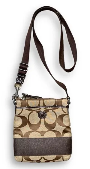 Coach Signature Monogram Canvas Crossbody Bag Brown Khaki Y2K Flat Messenger thumbnail 1