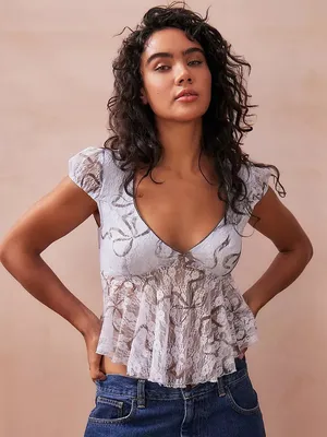 Kimchi Blue Taylor Lace Babydoll Top Blue Sheer V Neck Milkmaid Coquette Fairy M thumbnail 1