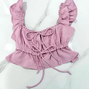Y2K Lavender Bow Tie-Front Sz Small Feminine Ruffled Coquette Babydoll Crop Top thumbnail 3