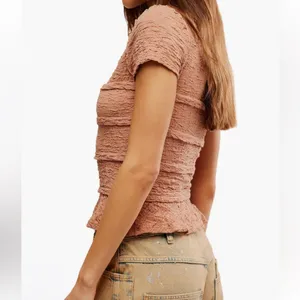 NWT Free People Ribbed Lace Krystal Tuscany Brown Ruffle T Shirt Tee‎ Top Small thumbnail 2