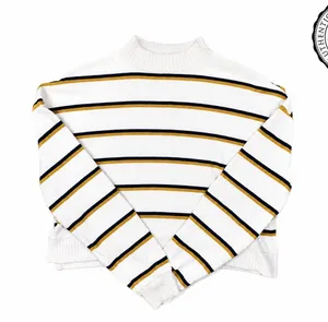 SO Women White Striped Mock Neck Cropped Knit Sweater Navy Mustard XS thumbnail 1