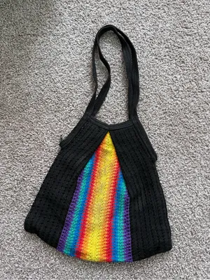 Vintage Rainbow Colorful Woven Shoulder Bag Black Bohemian Pride Hobo Tote thumbnail 9
